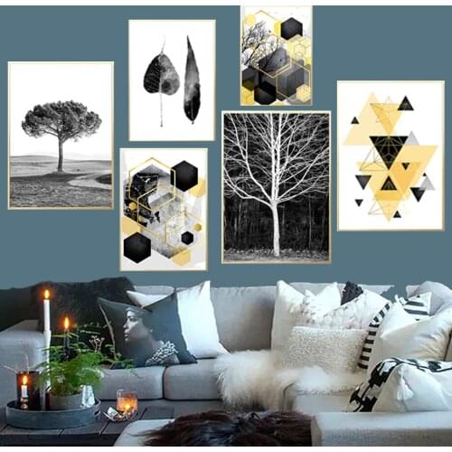Abstract Gold Geometric Tree Leaf Wall Art Canvas Painting Nordic Posters And Prints Wall Pictures For Living Room Vintage Decor