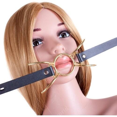 Hot Sale Gold Color Metal O Ring Mouth Gag ,PU Leather Restraint Butterfly Blowjob Spider Mouth Gag Flail Adults Games