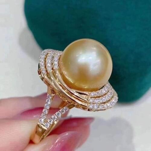D716 Solid 925 Sterling Silver Round 12-13mm Edison Fresh Water Golden Pearls Rings for Women Fine Jewelry Presents
