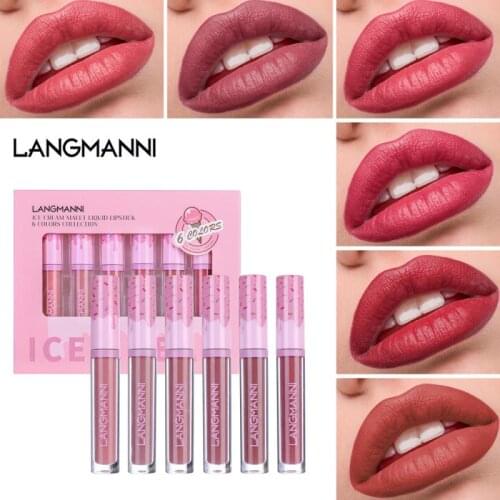 Langmanni 6pcs/Set Lipstick Velvet Matte Lip Gloss Cosmestic Pearlescent Diamond Lip Sticks Long-lasting Sexy Lip Makeup TSLM1