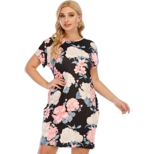 Fashion Floral Print Dress for Women Summer Short-sleeved Slim Knee-lenegth Dress Loose Female Dresses