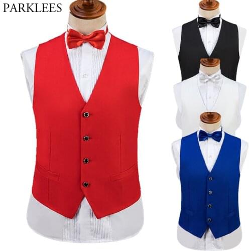 Fashion Men Vest Luxury Wedding Prom Waistcoat Mens+Bow Tie Solid Casual Vests Men Party Show Singer Men Clothing Gilet Homme