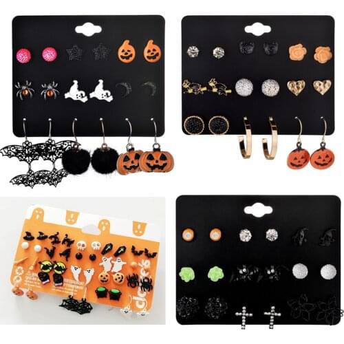 Christmas Halloween Stud Earring Set Women Bat Pumpkin Lamp Spider Web Skeleton Ghost Cross Pendant Ear Studs Wholesale Jewelry