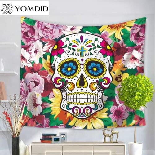 Wall Hanging Tapestries Cartoon Skull Tapestry Sugar Skull Pattern Yoga Mat Hallowee Decor Cloth Beach Towel Bedroom Tapestry