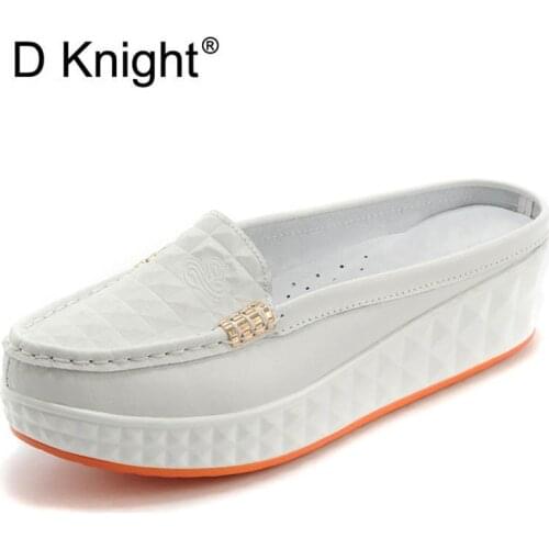 New Womens Casual Close Toe Slip-on Platform Wedge Slippers Fashion Round Toe Genuine Cow Leather Slides For Women Size 35-40