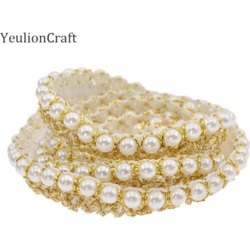 Chzimade 1M Gold Color Imitation Pearl Embroidered Lace Edge Trim Ribbon Wedding Applique Diy Sewing Accessories