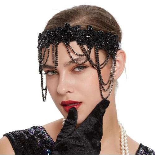 1920s Flapper Headband Great Gatsby Black Headpiece Roaring 20s Bridal Wedding Rhinestone Beaded Elastic Hair Accessories