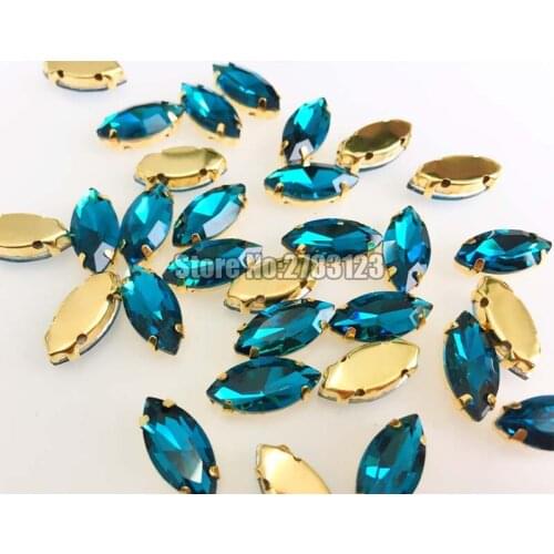 Horse eye shape peacock blue Glass Crystal Gold bottom sew on claw rhinestones with holes Sewing On Garment DIY accessories