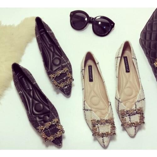 Rhinestone square buckle ballet flats women mixed color plaid weaving flat shoes woman crystal slip on loafers moccasins NS83