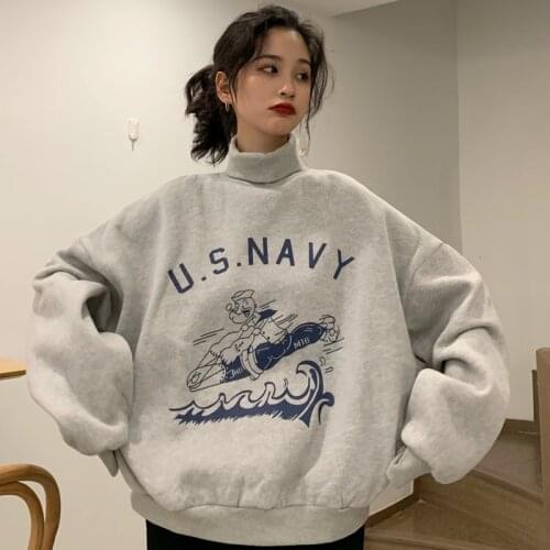 Sweatshirt Women Fall/Winter Harajuku Punk Style Oversized Lazy Cartoon Letters Plus Velvet Turtleneck Pullover Women Sweatshirt