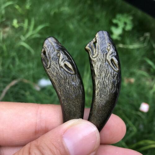 1pcs Natural Obsidian Quartz Gold Letharios Teeth Pendant Jewelry Crystals Heal 4G