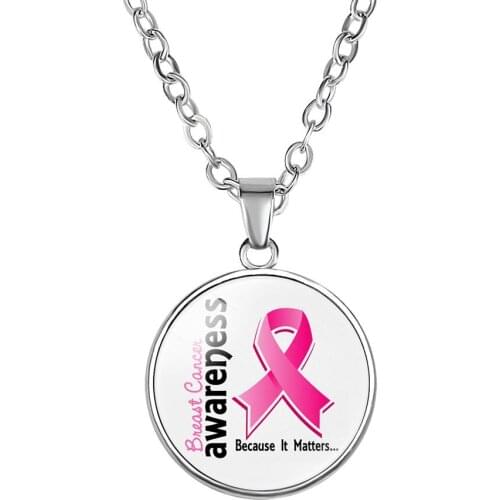 Women Breast Cancer Awareness Hope necklaces For Girls Pink Ribbon Glass Cabochon Pendant Fashion Jewelry Gift