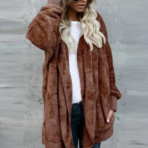 Women Plush Solid Long Cardigan 2021 Autumn Winter Warm Soft Coat Fur Jacket Furry Outwear Pocket Buttonless Cardigan Hooded Hot