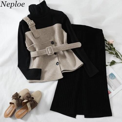 Neploe Two Pieces Sashes Turtle Neck Knitted Top +Skirt Elatic Waist Split 2021 Spring Autumn Casual Fashion Women Suit 69544