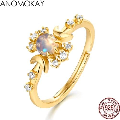 Anomokay Classic Colorful Crystal Crown Gold Color Rings for Women Lovers Luxury Gift 925 Sterling Silver Free Size Rings