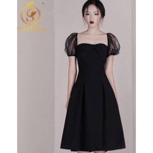 SMTHMA 2021 New Fashion Elegant Square Collar Sexy Work Black Dresses Women Office Ladies Slim Lace Puff Sleeve Dress Vestidos