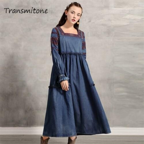 Loose Denim Womens Dress 2019 Vintage Autumn Embroidery Lantern Sleeve Dress Square Collar A-Line Vestidos 82187