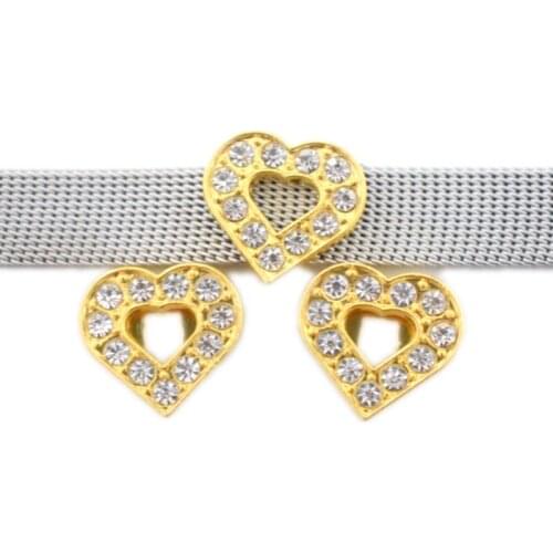 10mm Gold Rhinestone Crystal Heart Slide Bead Charms DIY Accessories Handmade Jewelry For Bracelets Key Chains Pet Collar