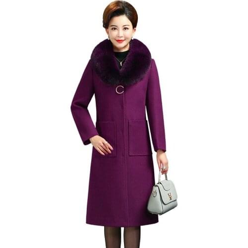 2020 Winter Women Woolen Coat Fur Collar Long Wool Coat Turn Down Collar Wool Blends Female Jacket Casaco Feminino Plus Size 5XL