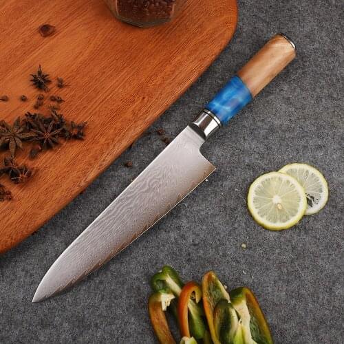 8 Inch Kitchen VG10 Damascus Steel New Style Resin + Wooden Handle Chefs Camping Outdoor Fruit Cutting Tool