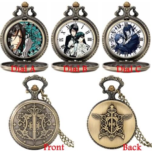 Antique Bronze Japanese Kuroshitsuji Butler Sebastian Theme Quartz Pocket Watch Retro Pendant Necklace Chain Clock Drop Shipping