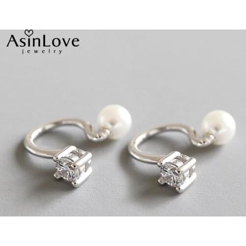 AsinLove Elegant Mother of Pearl Clip Earrings Real 925 Sterling Silver Micro Inlaid Zircon Tiny Earrings for Women Fine Jewelry