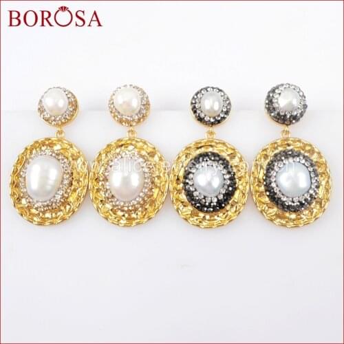 BOROSA Druzy Gold Color Oval Drop Earrings Metal Charm Dangle Earrings with Natural Pearls Rhinestone Pave Gems Earrings JAB821