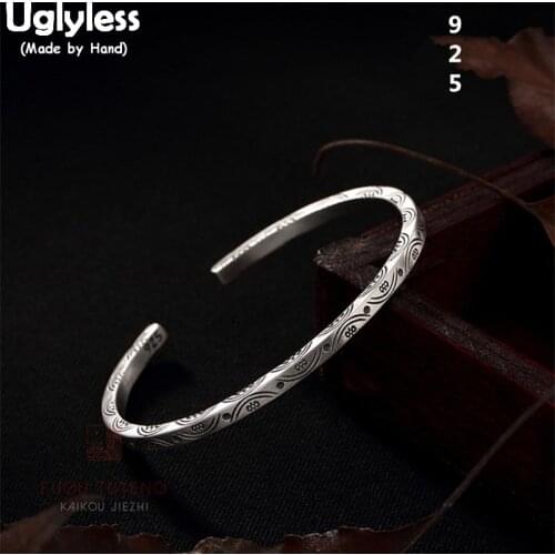 Uglyless Real 925 Sterling Silver Women Open Bangles Retro Totem Patterns Square Bangle Handmade Carved Ethnic Bats Fine Jewelry