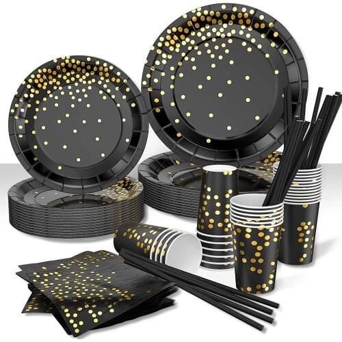 Paper Black Gold Disposable Tableware Party Plates Supplies Dinnerware Sets for Wedding Christmas Thanksgiving Graduation