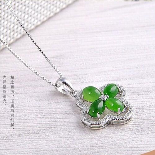 Women S925 Sliver Necklace Green Hetian Jade Jasper Clover Zircon Clavicle Chain Pendant Gift for Female Fine Jade Stone Jewelry
