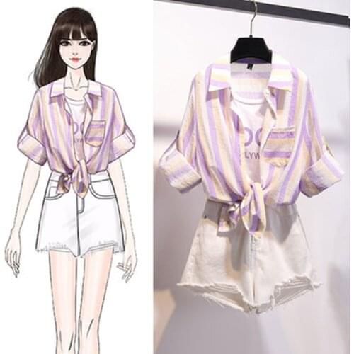 Women Korea School Hole Denim Jeans Shorts Striped Blouse Patchwork Loose Casual Shirts Two-Piece Suit Female Clothing Sets