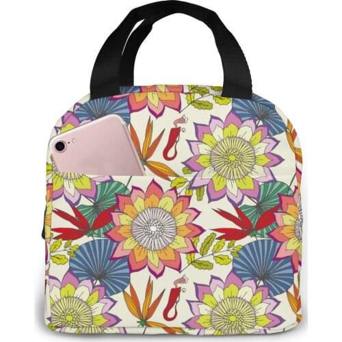 Exotic Floral Cooler Bag Portable Zipper Thermal Lunch Bag Convenient Lunch Box Tote Food Bag