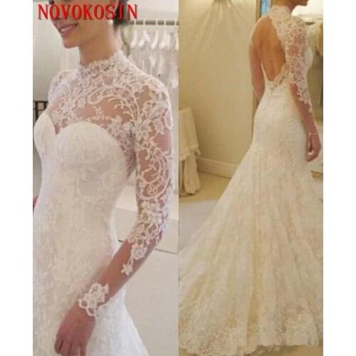 Backless Lace Wedding Dresses Illusion Long Sleeve 2019 High Neck Court Train Spring Garden Bridal Gown Mermaid Vestido De Noiva