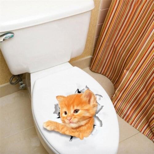 16x21cm Cute Cat Toilet Seat Stickers For Wash Room Wc Home Decoration Diy Vivid 3d Hole Wall Decals Kitten Pvc Mural Art