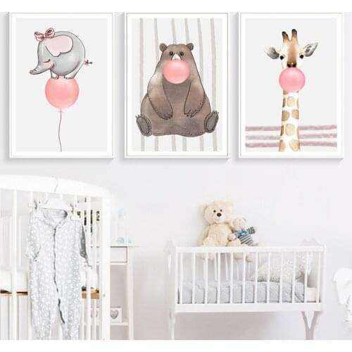 Cartoon Nursery Prints Elephant Bear Giraffe Chewing Bubble Gum Canvas Painting Poster Animal Wall Picture Kids Baby Room Decor