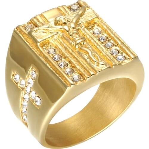 New Men Ring Cross White Cubic Zirconia Ring Gold Color Band Male Jewelry Vintage Accessories Finger Rings