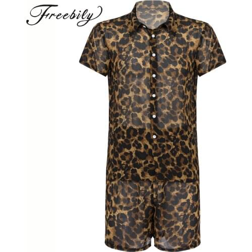 2Piece Men Leopard Beach Set Transparent Turn-down Collar Short Sleeve T Shirt Top with Shorts Pajama Sets Homewear