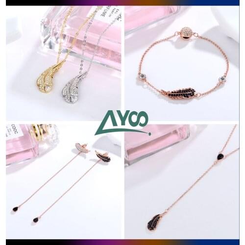 SWA 1:1 2021 Fashion Jewelry Exquisite Charming Gold Silver Black Feather Series Necklace Earrings Bracelets Set Romantic Gift