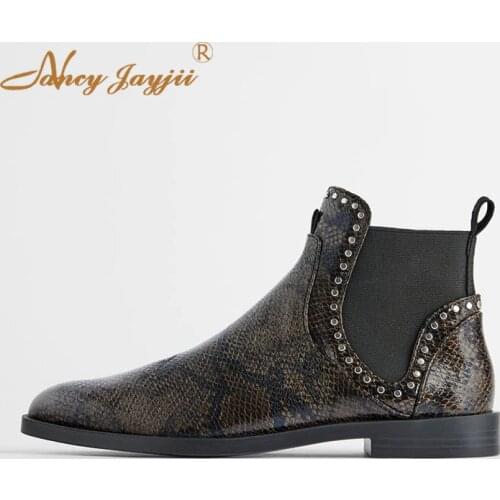 Snakeskin Rivet Black Chelsea Boots Ankle Elastic Nylon Round toe Casual Business Wear Women Shoes Plus Size NANCYJAYJII 2020