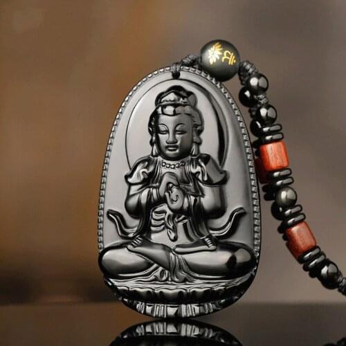 Natural Black Obsidian Buddha Jade Pendant Beads Necklace Fashion Charm Jewellery Hand-Carved Lucky Amulet Gifts for Women Men