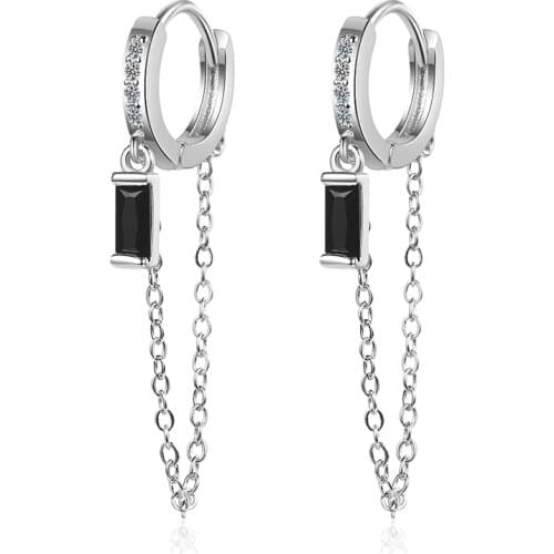 New Fashion Gold Silver Color Long Link Chain Tassel Earrings for Women Trendy Simple Black Zircon Drop Earring Party Jewelry