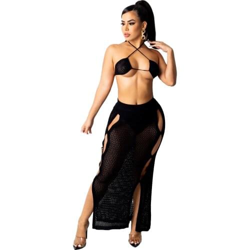 JRRY Sexy Women Knitted Set Two Pieces Set Backless Halter Bra Top Long Skirt Tassels Crocheted 2 Pieces Set Beach Crochet Set