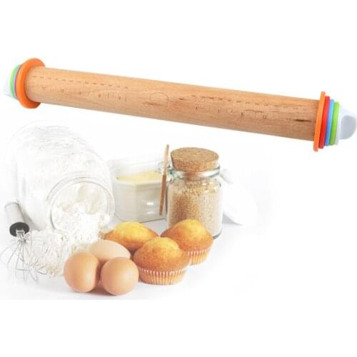 Adjustable Wood Rolling Pin with Measuring Rings Classic for Baking Dough Pizza Pie and Cookies Kitchen Tools