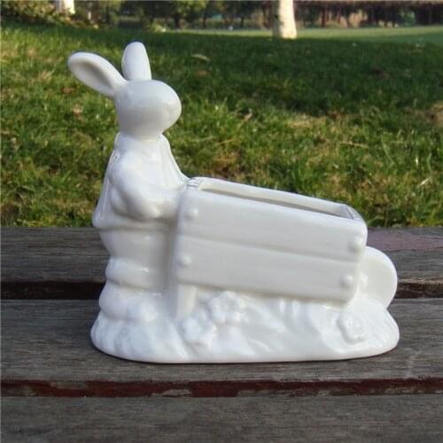 Cute Porcelain Trolley Bunny Flower Pot Decorative Ceramic Tricycle Rabbit Hydroponics Planter Garden Ornament Craft Accessories