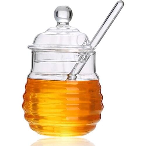250ML Glass Honey Jar Kitchen Storage Jar Container Transparent Glass Honey Spoon Stick Syrup Honey Pot With Dipper And Lid