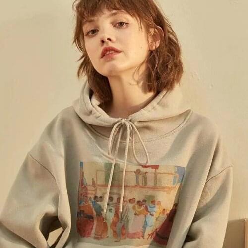 Gray Vintage Cartoon Print Thin Oversized Hoodies Women Pullover Casual Long Sleeve England Sweatshirt Fashion Tops Spring 2021