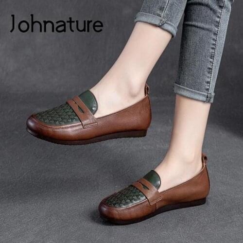Johnature Genuine Leather Mixed Colors Flats Women Shoes 2021 New Spring/Autumn Shallow Handmade Round Toe Concise Ladies Shoes
