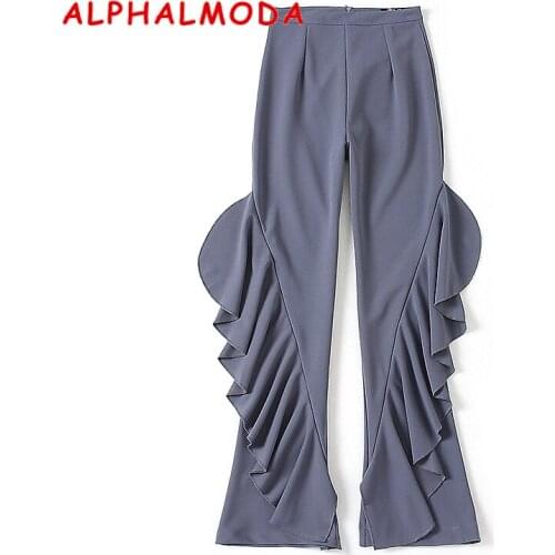 ALPHALMODA New Womens High Waist Ruffled Flared Pants Back Zipper Stretchy Skinny Wide Leg European Stylish Trousers