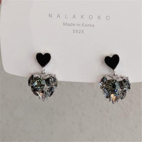 2021 New Korean Black Heart Crystal Trendy Sweet Temperament Dangle Earrings For Women Fashion Jewelry Gift Pendientes Mujer