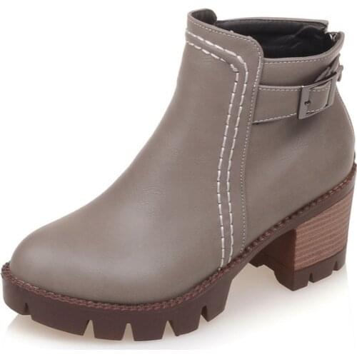 Womens Vintage Roman Anti-skid Shoes Belt Buckle Pointed Toe Platform Ankle Boots Thick Heel Black Gray Beige